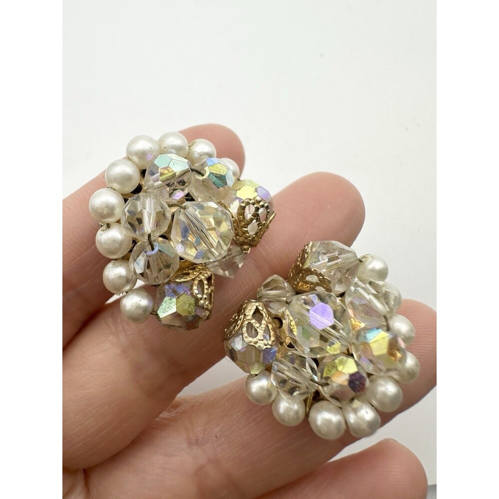 Vintage AB faceted faux pearl cluster clip on earrings